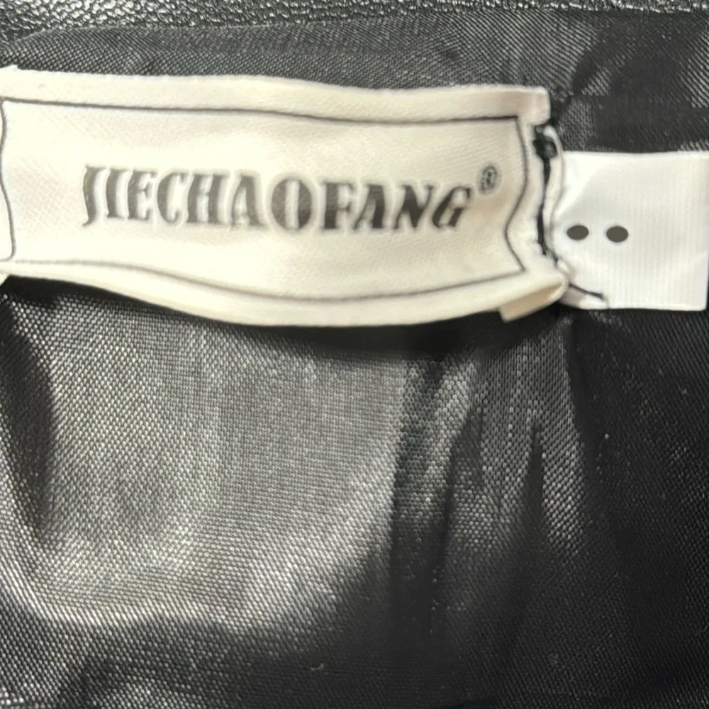 Jiechaofang Black with White Piping Faux Leather Jacket in Size‎ XL