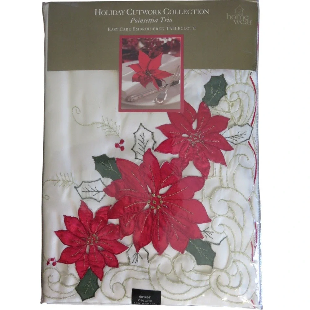 Home Wear Holiday Cutwork Poinsettia Trio Tablecloth 60x84 Oblong‎ Ivory Red NEW