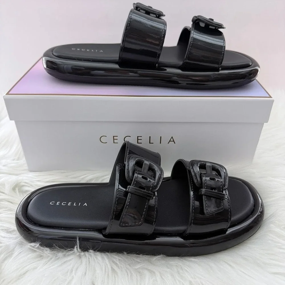 Cecelia New York Jump Womens 8M Black Patent Buckle Platform Slide Sandals