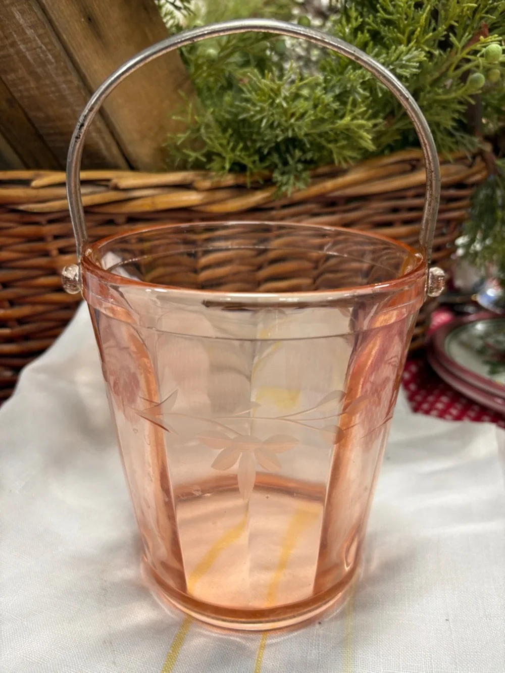 Pink Etched Glass Ice Bucket with Silver Handle