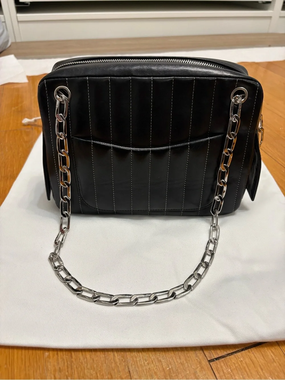💟Chanel Mademoiselle Vertical Quilted Camera Bag- Black w/ Silver hardware💟