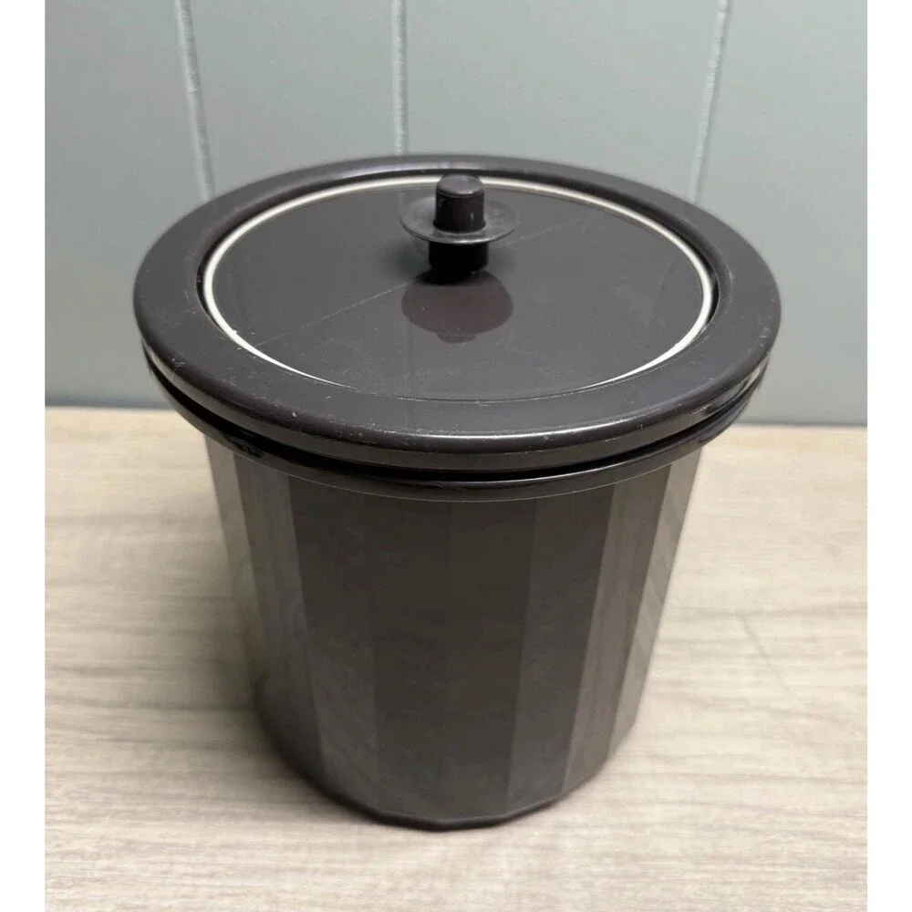 Vintage Tupperware Ice Bucket #1683-2 w/ Lid Insulated Black Push Button Brown