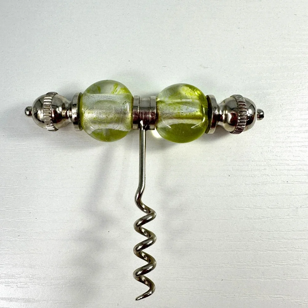Murano Style Glass Corkscrew Chartreuse Green Silver Foil T-Handle Barware