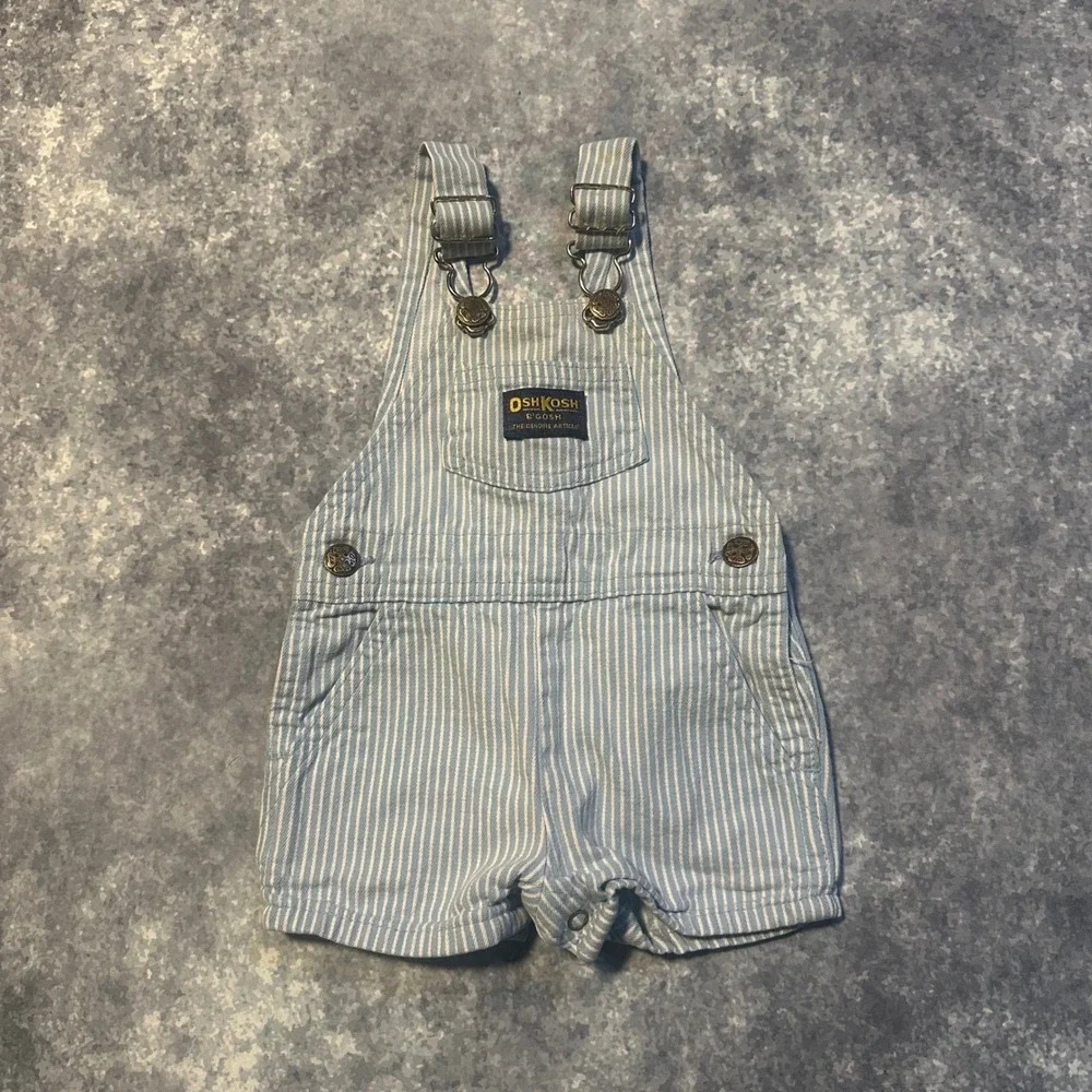 Vintage OshKosh B'gosh Baby Blue Hickory Stripe Shortalls Overalls‎ Size 3/6 Mos
