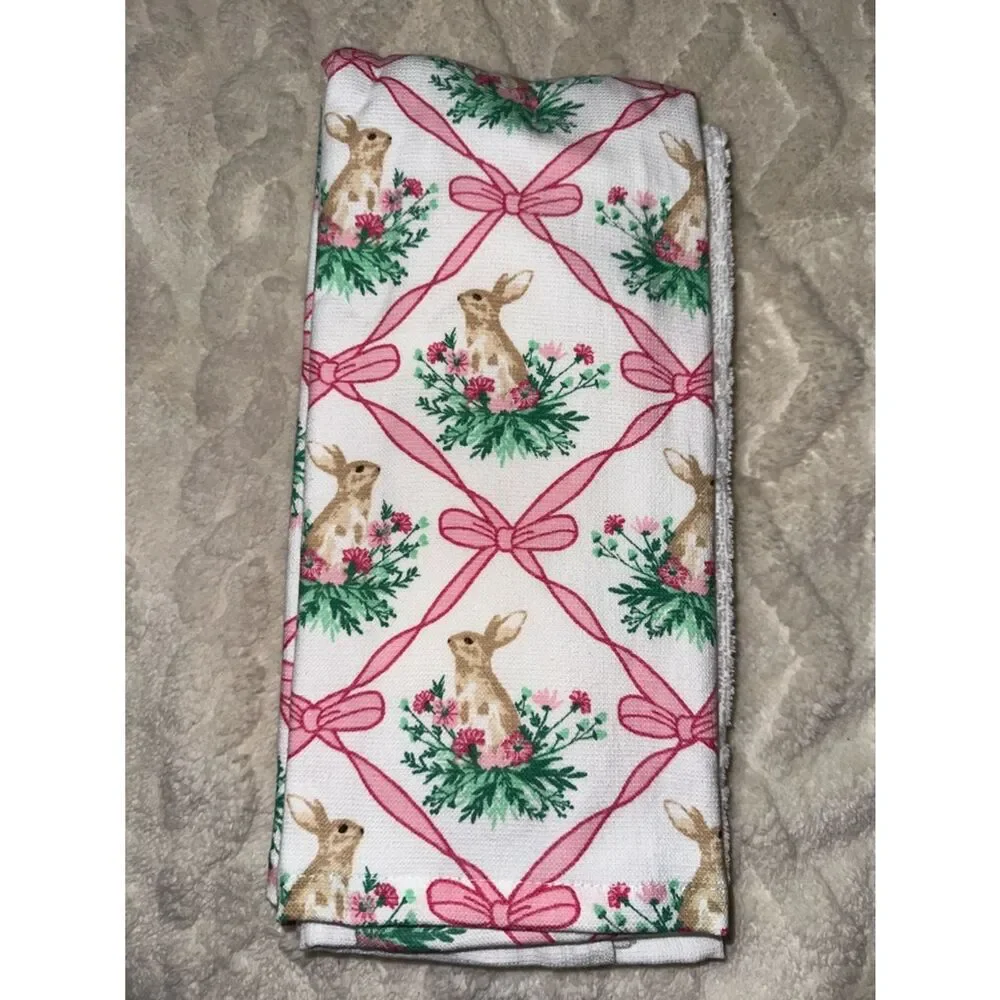 SA Easter Bunny Floral Trellis White Pink Cotton Tea Kitchen Towels Set of 3