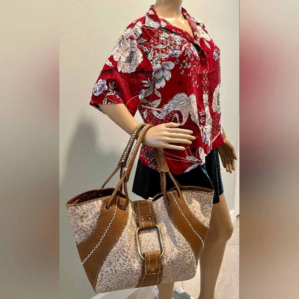 Rare SKAP Handbag with Camel Brown Leather & Tan Animal Print Fabric NWOT