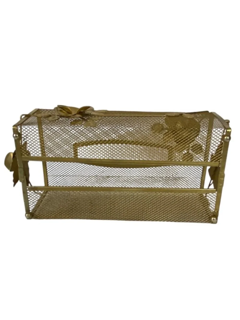 Vintage Decorative Gold Gilt Metal Mesh Tissue Box Holder Floral Rose Accents