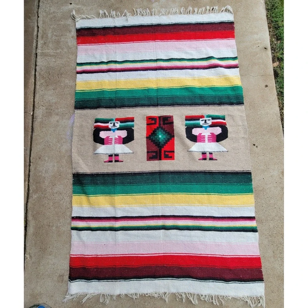 Vintage Mayan Wool Rug Woven Aztec Zapotec‎ Mexican Kilim Blanket 77x48