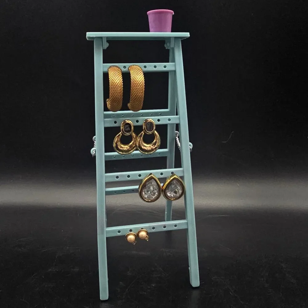 Vintage Blue Ladder Earring Rack Tree with Paint Bucket Plastic 1980s