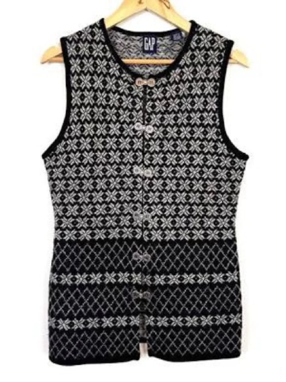 Vintage GAP Wool Vest 1990s Knit Silver metal Button Clasp Cottage Size Large