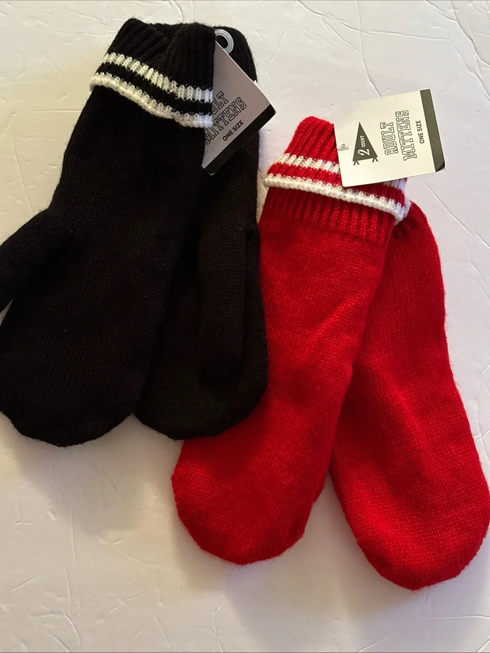 Women’s 2-Pack Knit Mittens Black & Red White Stripes Bundle New