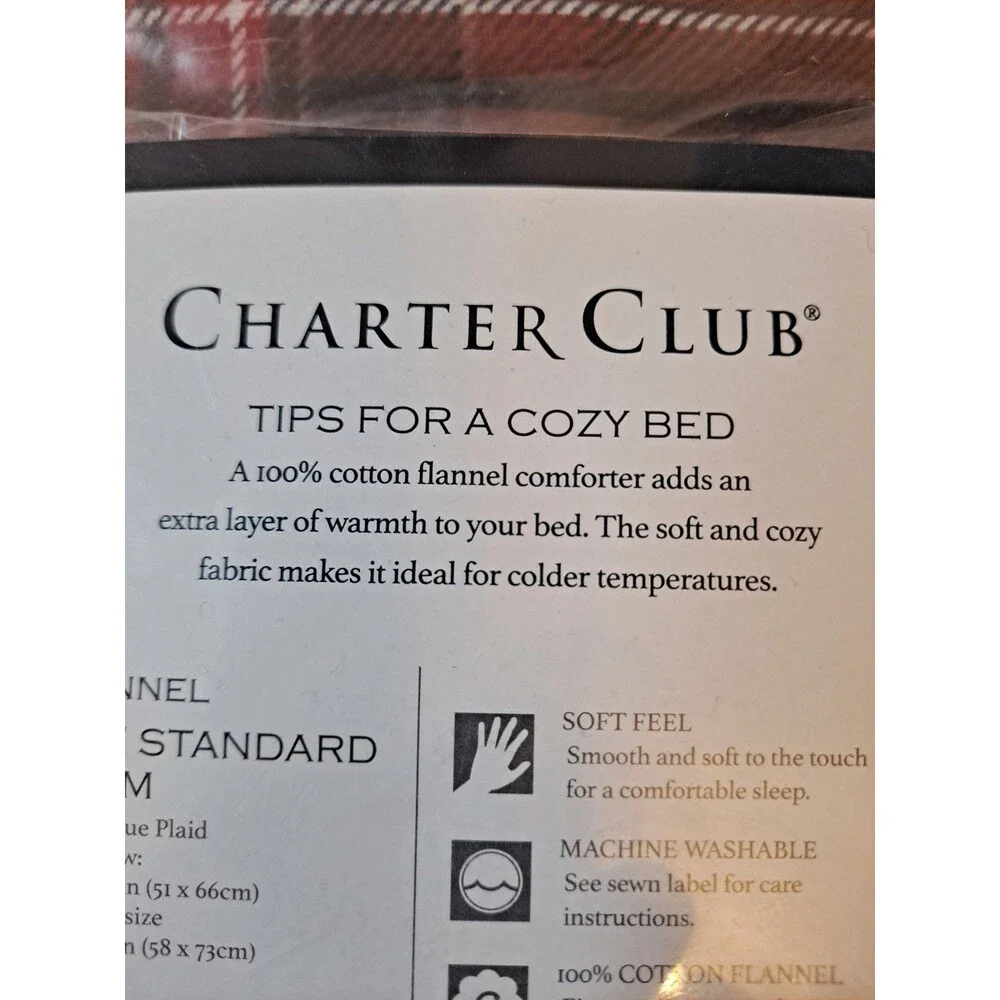Charter Club Navy Plaid Flannel 100% Cotton Shams Pillow Sz 20