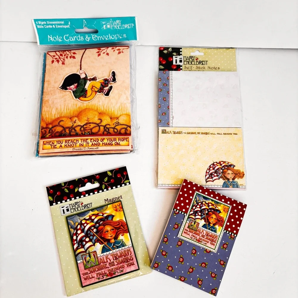 Mary Engelbreit Stationery Set Note Cards Sticky‎ Notes Magnet Notepad 4pc Lot