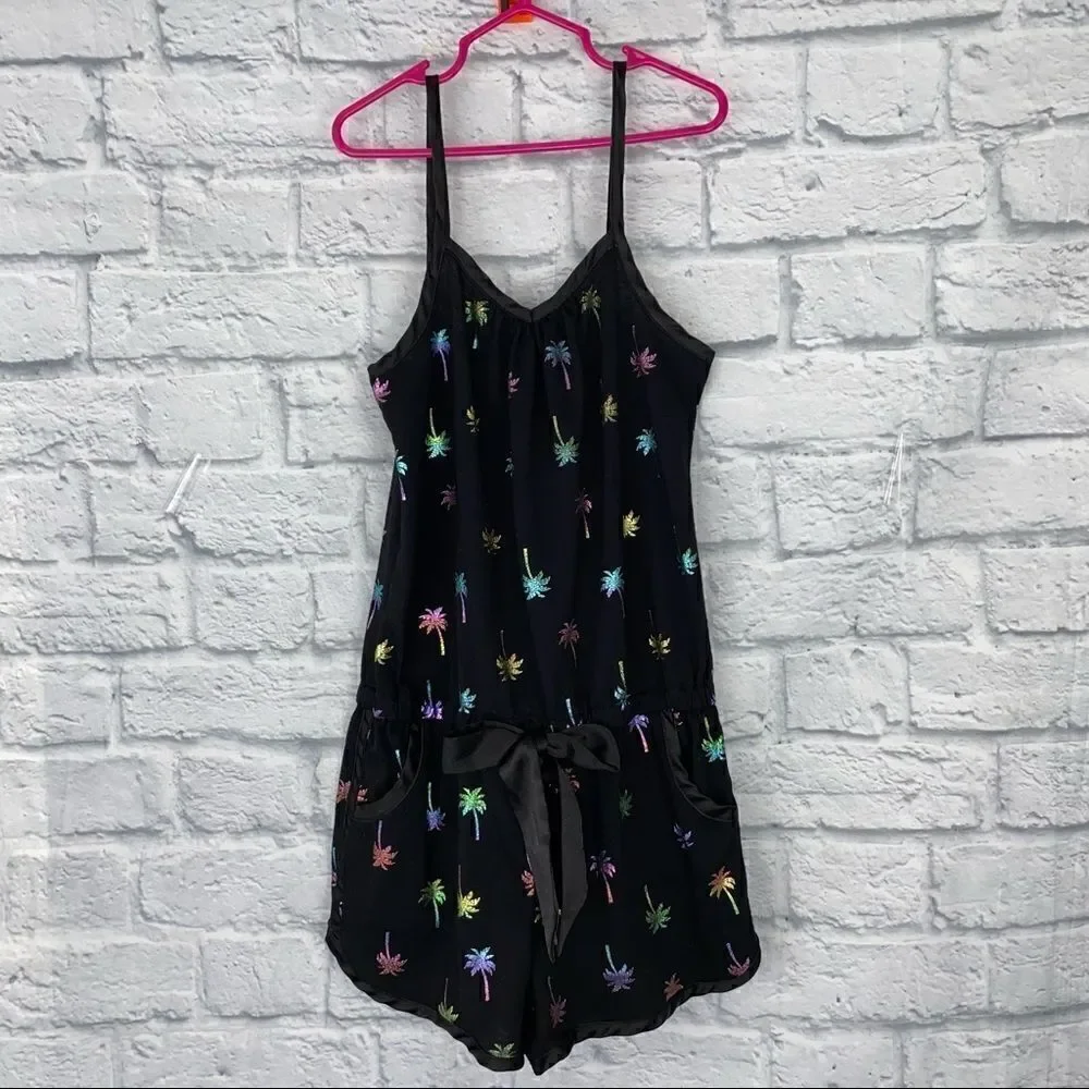 Justice tank top multicolored palm tree shorts romper w/satin bow sz 8 girls