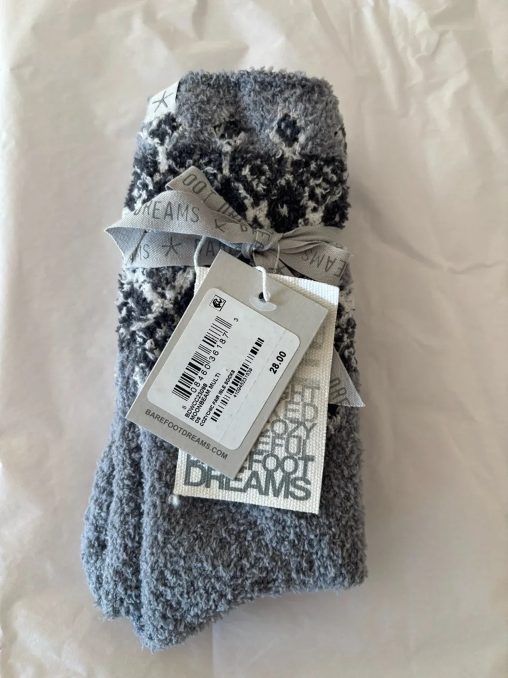 Barefoot Dreams Moonbeam Multi Grey and Cream Cozy Fair Isle Socks one size
