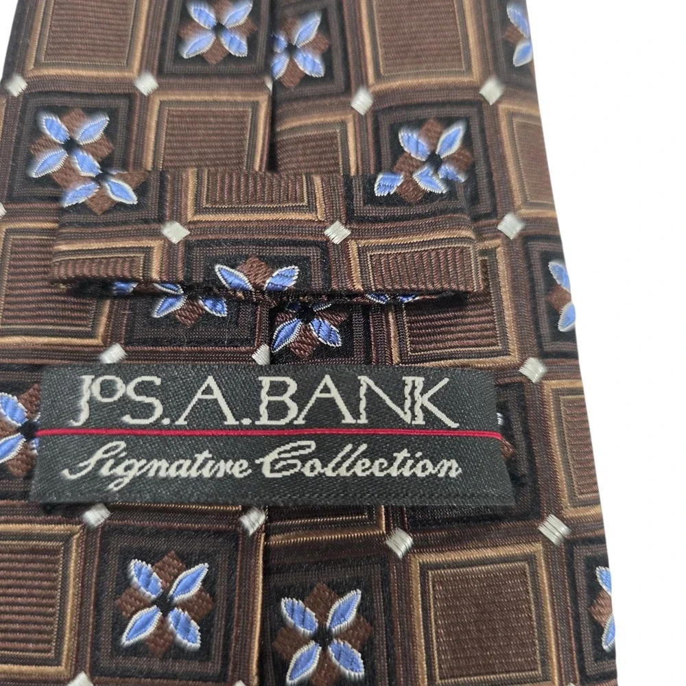 Jos A Bank Signature‎ Collection Mens Necktie 7-fold Brown Blue Silk Embroidered
