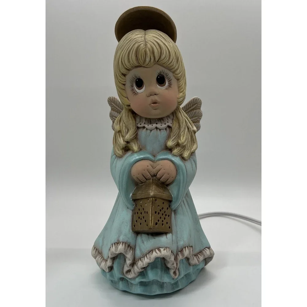 Vintage Angel Night Light Lamp Big Eyes Ceramic Figurine Blue Dress Halo Lantern