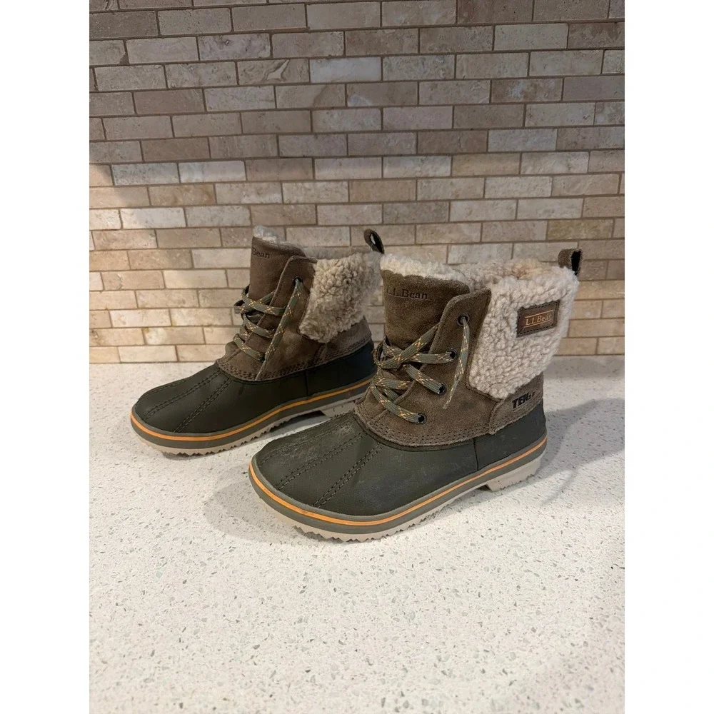 L.L.Bean Kids Size 3 Winter Duck Boots Faux Shearling Lined Brown Green Lace Up