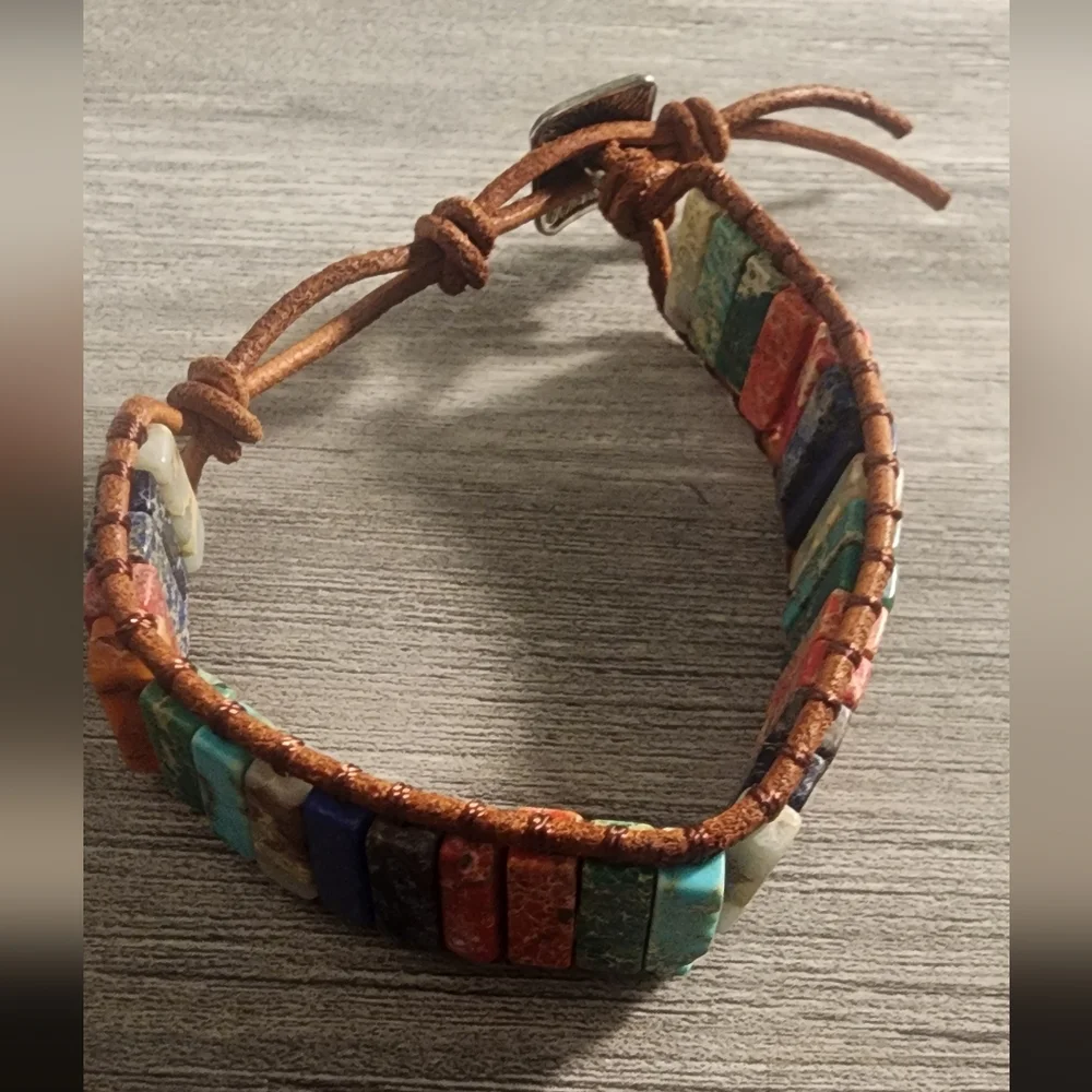 Multicolor Jade Stone Bracelet with Leather‎ Cord, 7 1/4