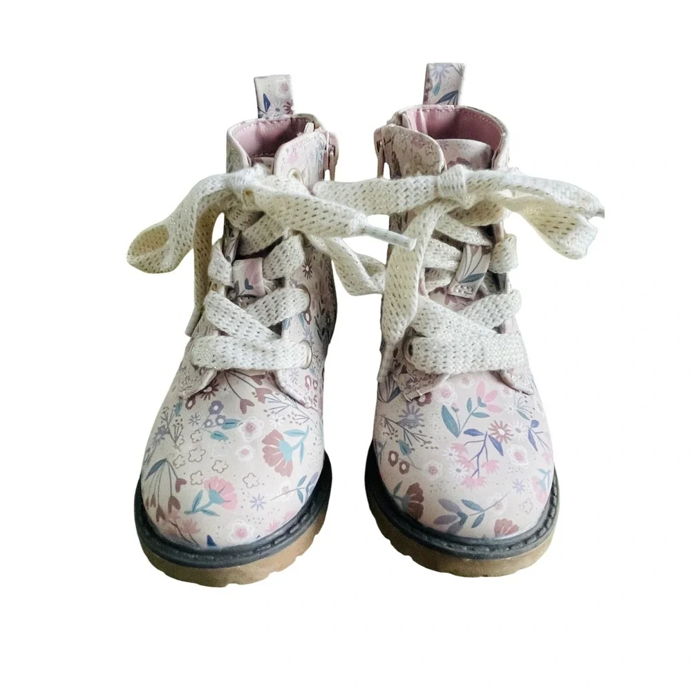 Cat & Jack Toddler Girls Floral Combat Boots Pink Blue Flower‎ Size 5 Zip Up