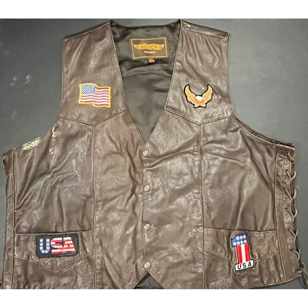 UNIK Premium Leather Brown Biker Motorcycle Vest Size 56 BORN‎ TO RIDE USA Patch