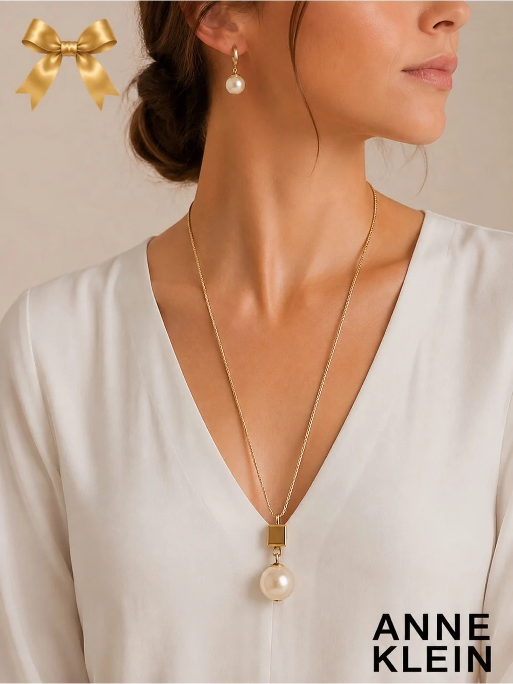 ANNE KLEIN Vintage Gold Tone Faux Pearl Necklace & Earrings Set