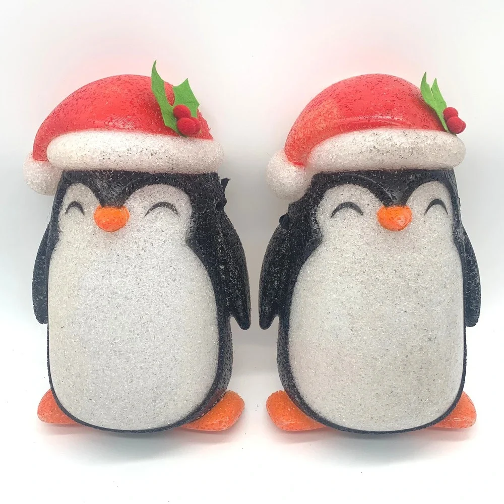 Vintage Melted Plastic Popcorn Penguin Christmas Decor Pair Matching 12in Retro