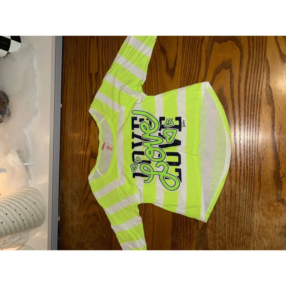 Justice‎ Girls Neon Yellow White Stripe Long Sleeve Shirt Love Hearts Size 8