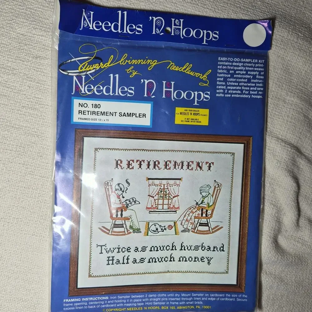 Retirement Sampler‎ Cross Stitch Kit 180 Needles ‘N Hoops 13 1/2” X 15” New