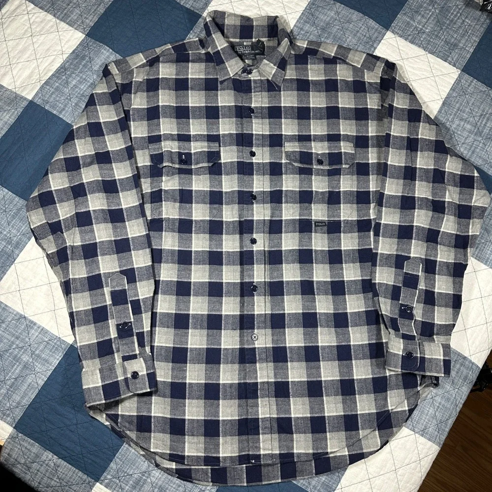 Polo Ralph Lauren G.I. Shirt Mens XL Navy Grey Buffalo Plaid Flannel Button Up