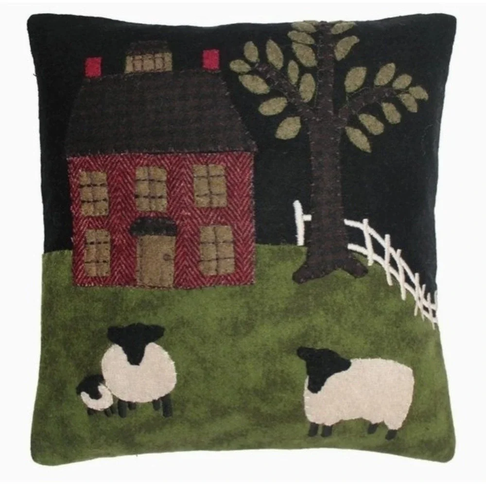 Primitive Red Saltbox & Sheep Green Pastures Pillow Wool Felt 14