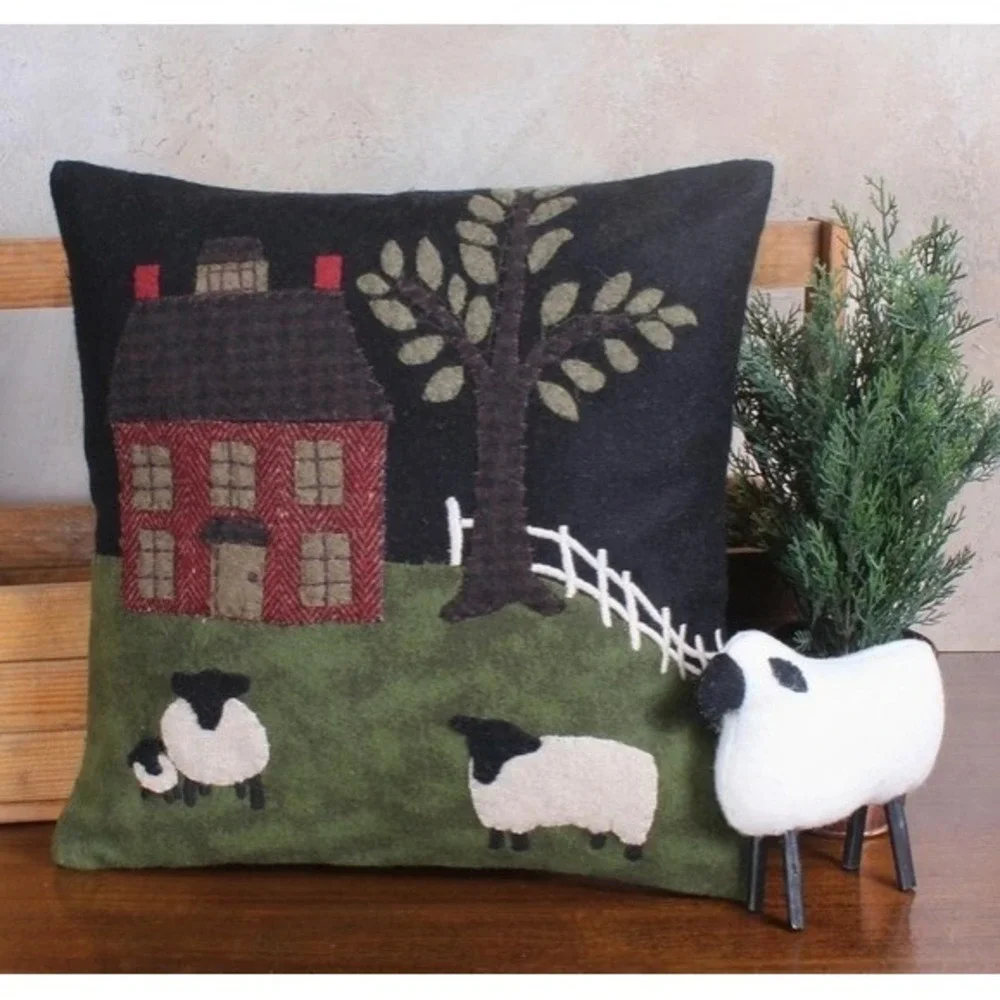Primitive Red Saltbox & Sheep Green Pastures Pillow Wool Felt 14