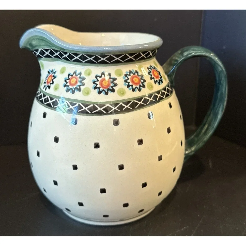 Boleslawiec‎ Polish Art Pottery Floral Blue Square Dots Pitcher Jug 6.5 Inch