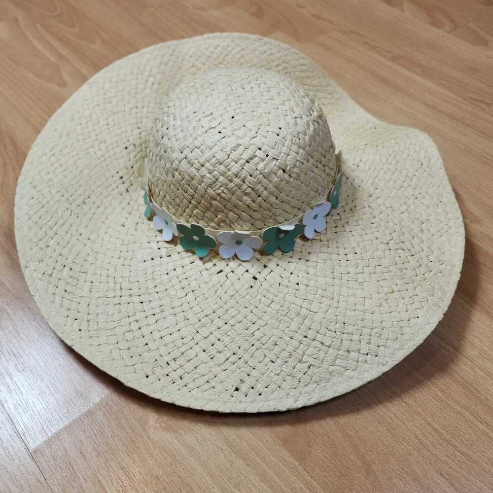 NWT Janie And Jack Straw Hat Green White Floral Size 12-24 Months‎