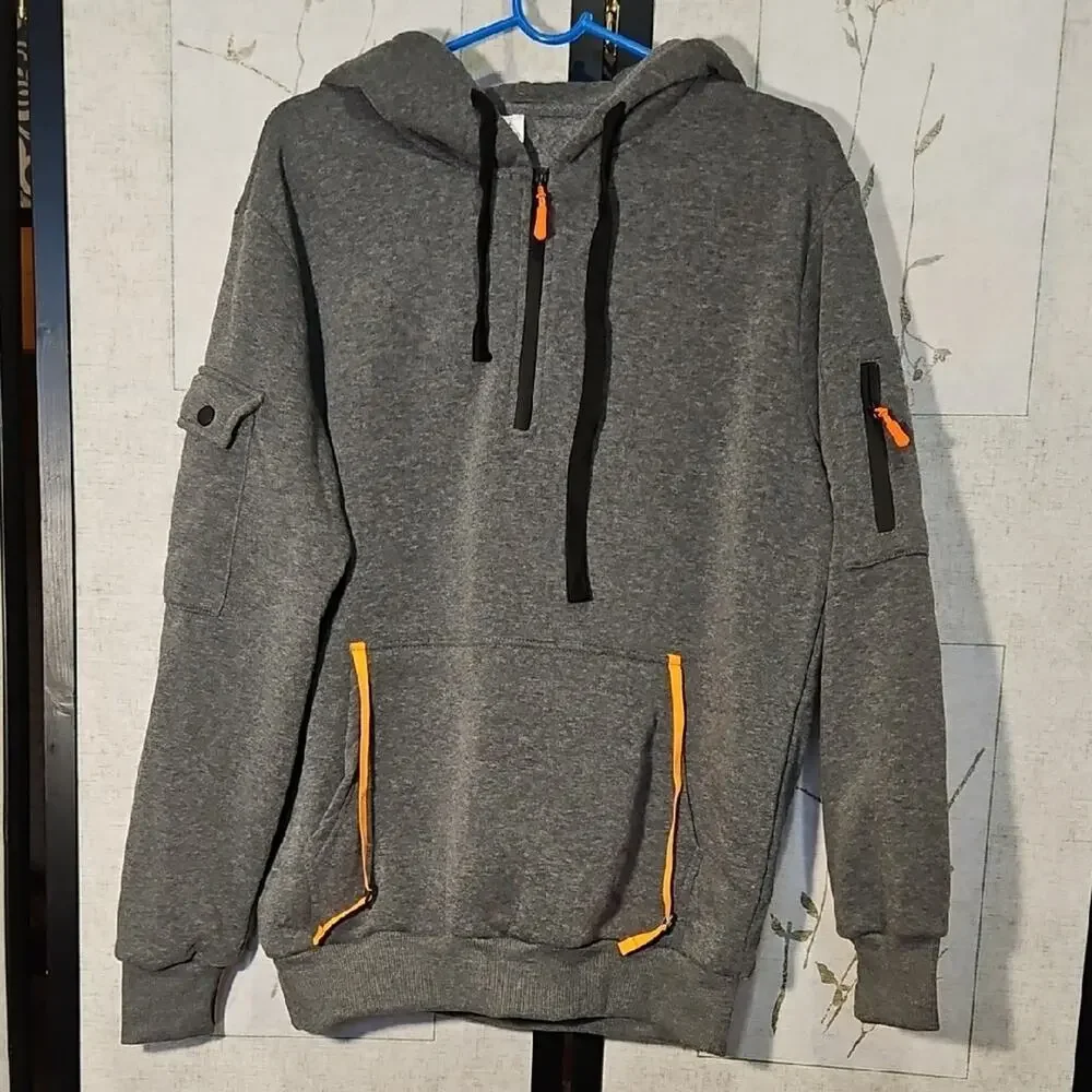 Men's Gray Zip-Up Sweater with Orange Accents