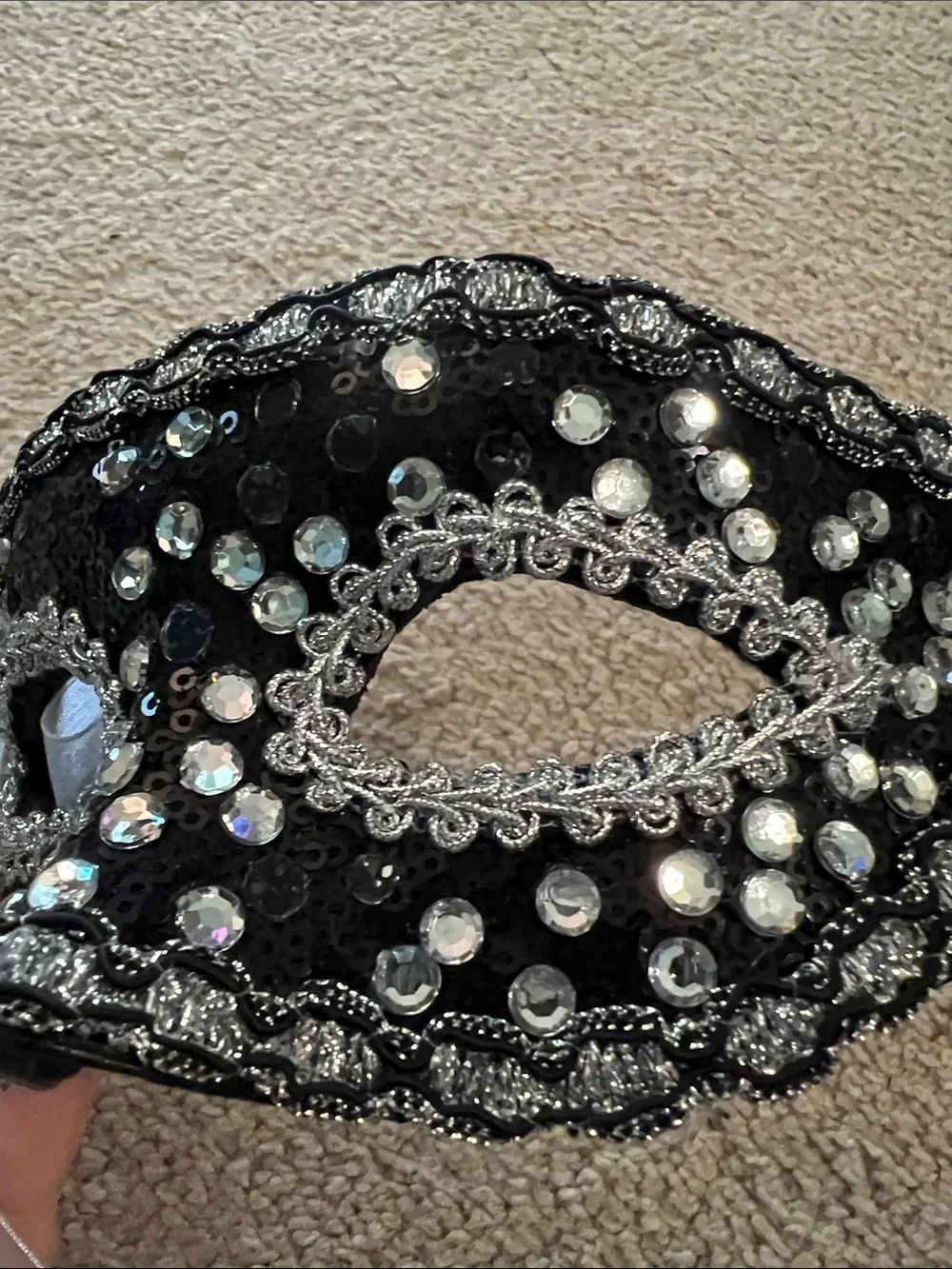 Black and Silver Beaded Masquerade Eye Mask with Ribbon Accent