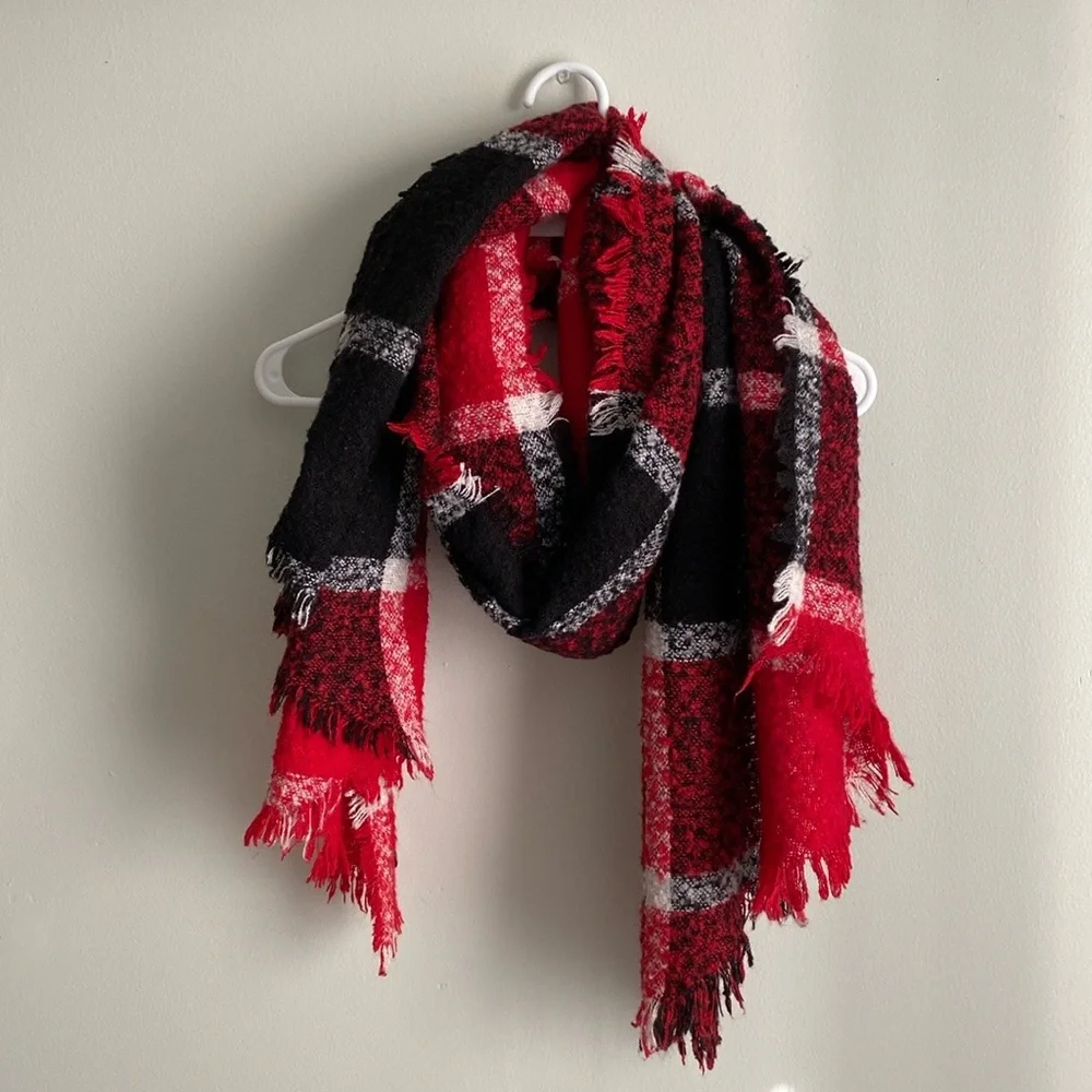 Express Red & Black Plaid Blanket Scarf Fringe Edge