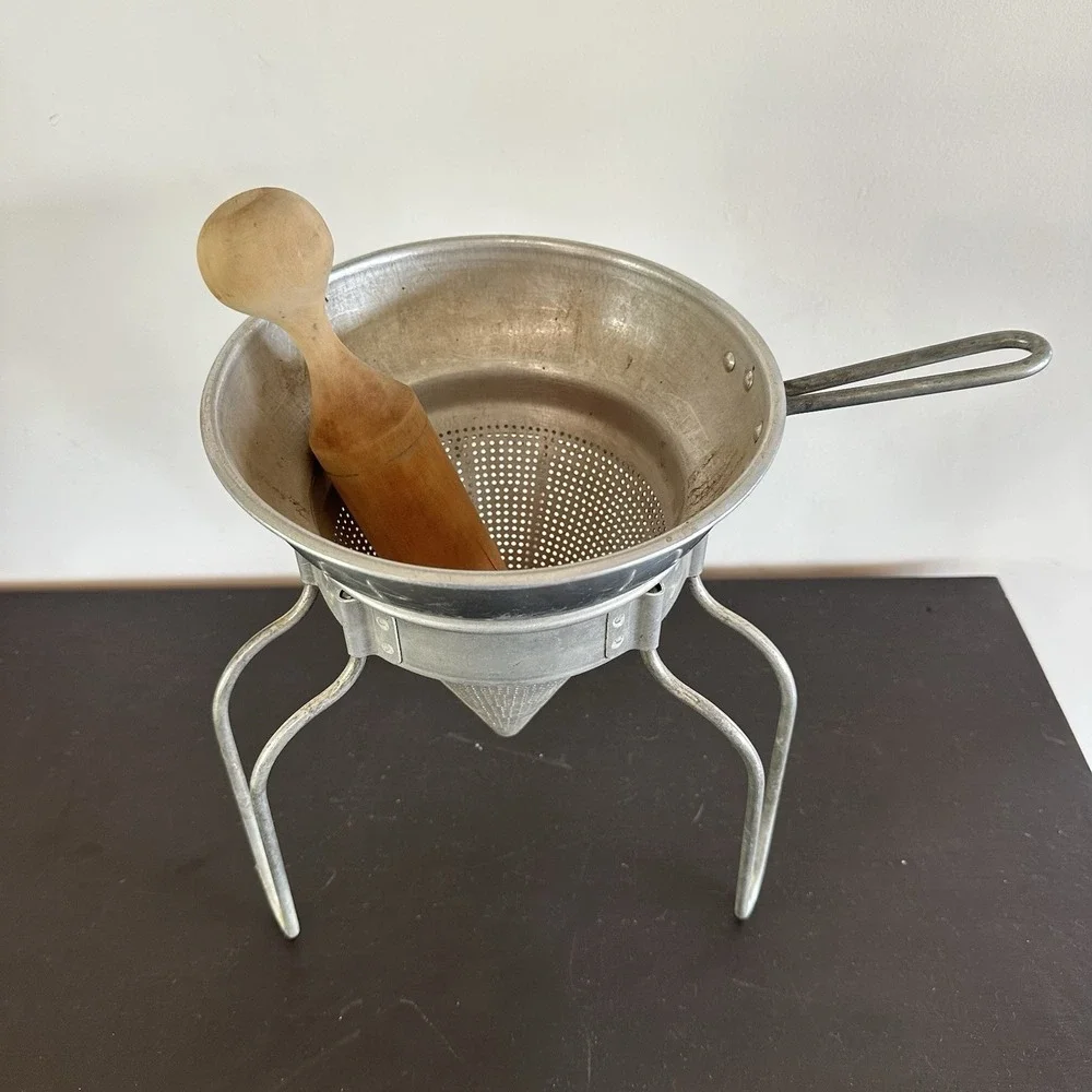 Vintage Aluminum Wear-Ever Sieve Cone Strainer Wood Pestle w/ Stand Canning
