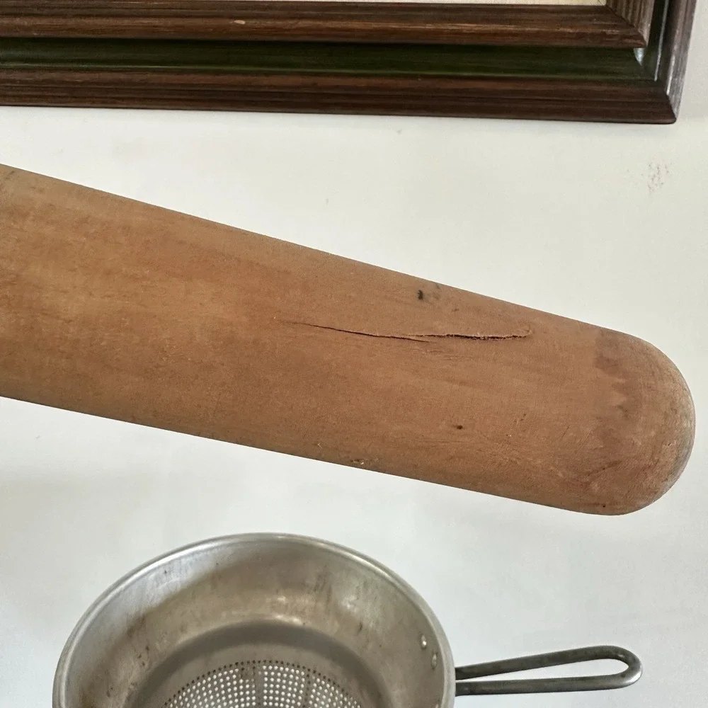 Vintage Aluminum Wear-Ever Sieve Cone Strainer Wood Pestle w/ Stand Canning