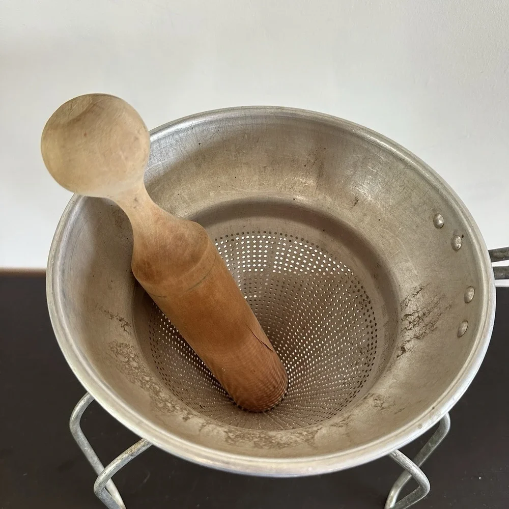 Vintage Aluminum Wear-Ever Sieve Cone Strainer Wood Pestle w/ Stand Canning