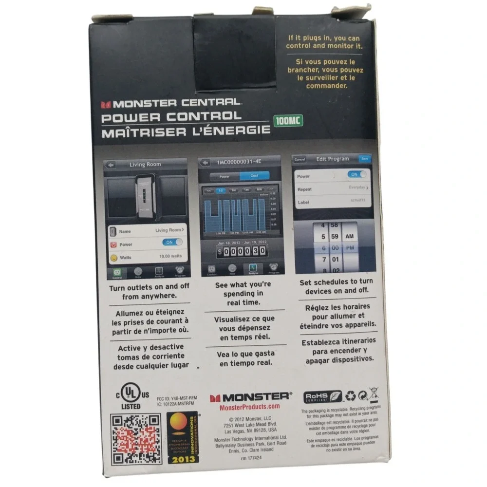 Monster‎ Central 100MC Remote Control Power Outlet + Smartphone App Monitor