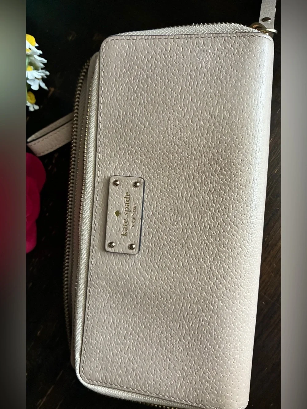 kate spade Pebbled Zip-Around Wristlet Wallet in Light Beige