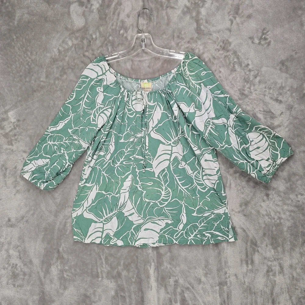 Kalaheo Blouse Top Women 2XL Green Monstera Leaf Print Rayon Tropical Relaxed