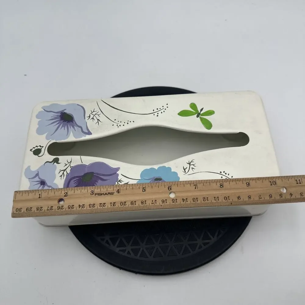 Vintage Ransburg 1950s Retro Hand Painted Blue Purple Floral Metal Tissue Box