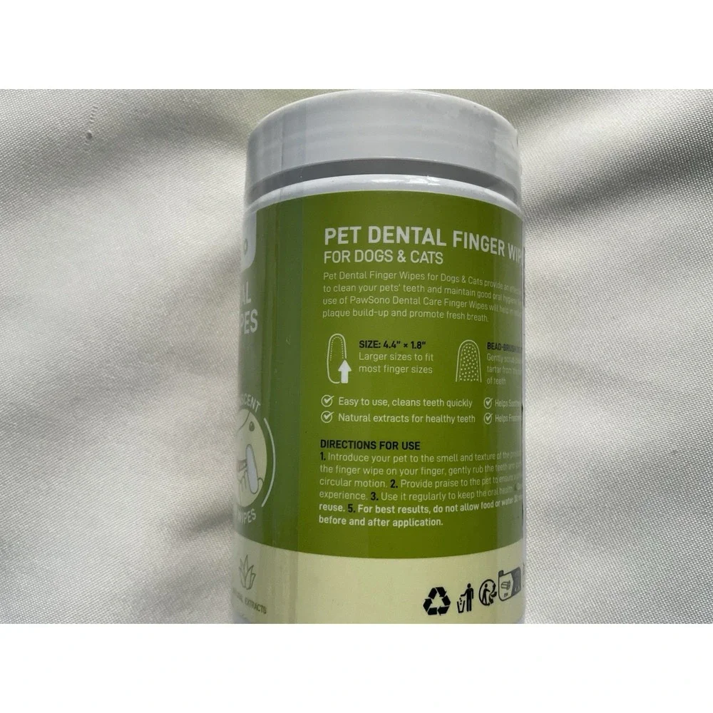 PawSono PET DENTAL All Natural FINGER WIPES Oral Hygiene DOG or CAT 50 count