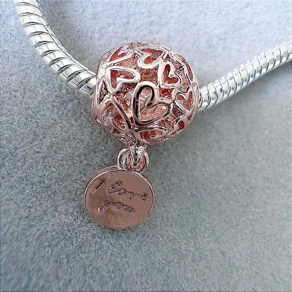 Rose Gold Holo Heart I Love You Dangle European Charm Bead fits PANDORA