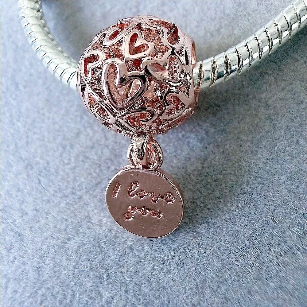 Rose Gold Holo Heart I Love You Dangle European Charm Bead fits PANDORA