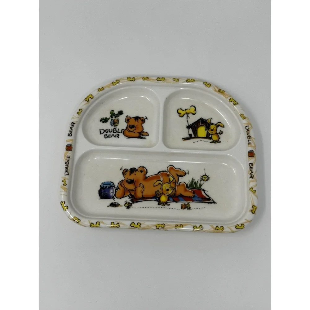 Vintage Melamine Ware Divided Children's Plate Double Bear 9.5