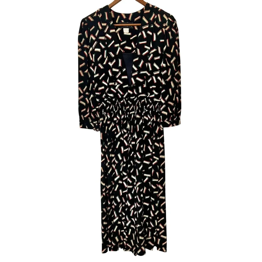 WARREN Z Black Abstract Geometric‎ Print Midi Dress Smocked Waist Retro 80s VTG