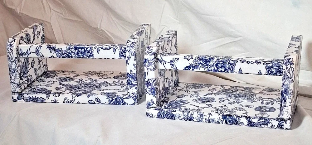 Lot of 2 Decoupaged Blue & White Wood Shelves Wall Mount 8” Chinoiserie